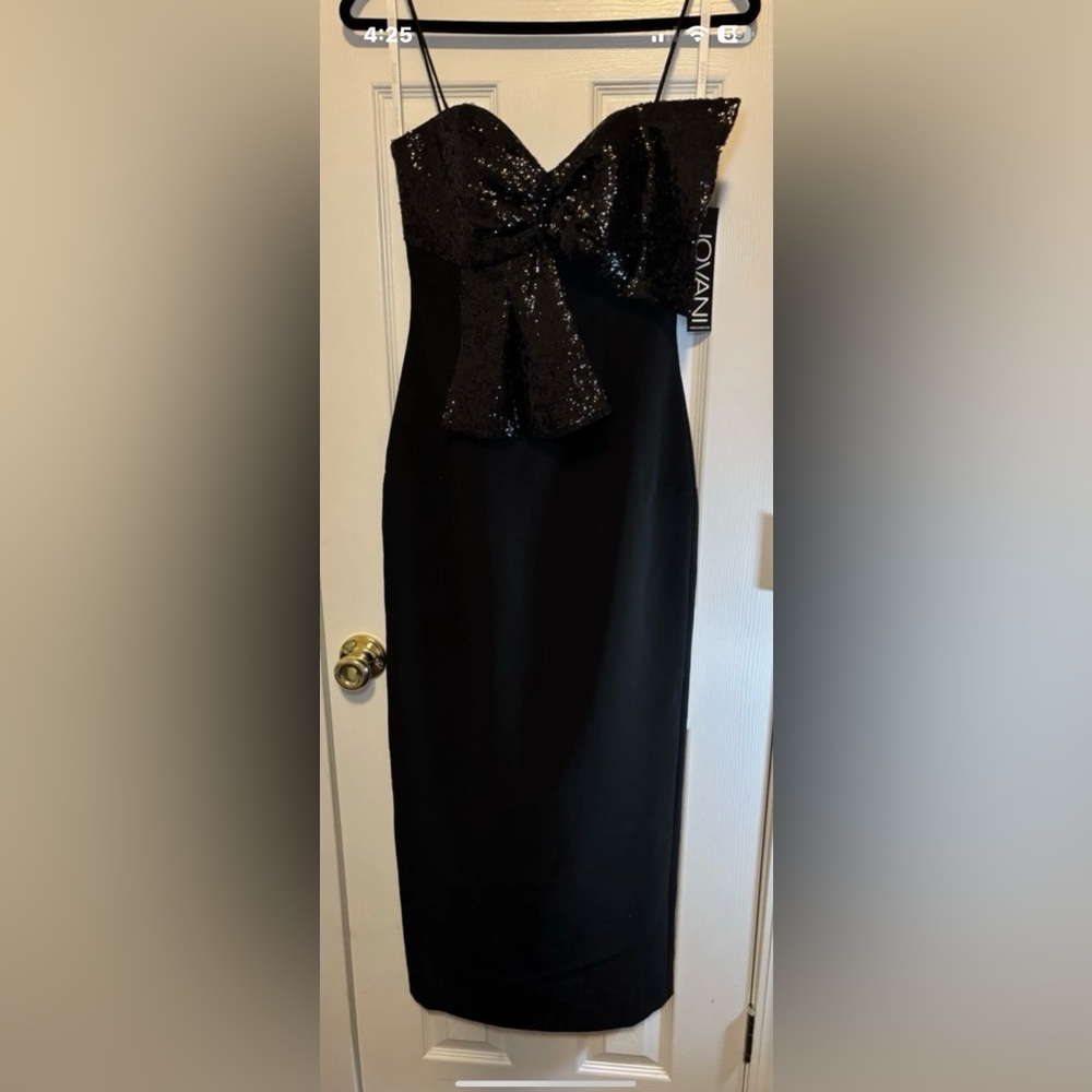 NEW JOVANI NWT Black Sequin Spaghetti Strap Tea Length #25745 (SEE NOTES)